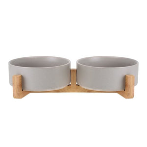 400ml Ceramic Double Bowl & Natural Wood Stand Pet Feeder - 