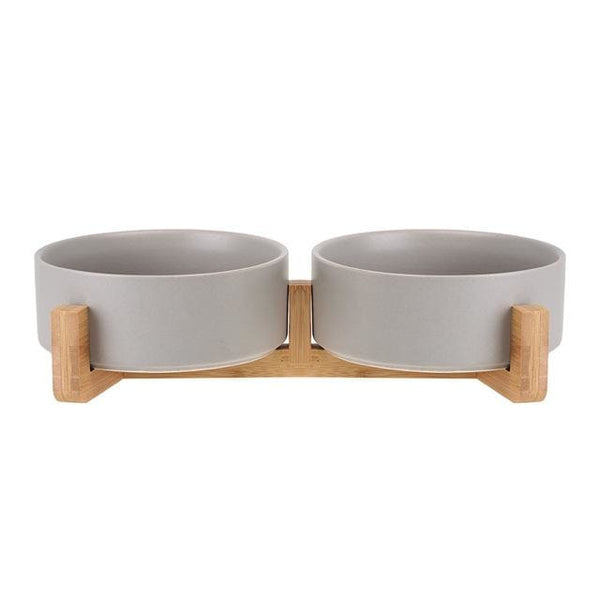 400ml Ceramic Double Bowl & Natural Wood Stand Pet Feeder - 