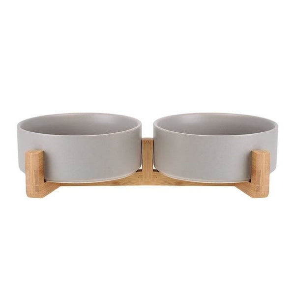 850ml Ceramic Double Bowl & Natural Wood Stand Pet Feeder - 