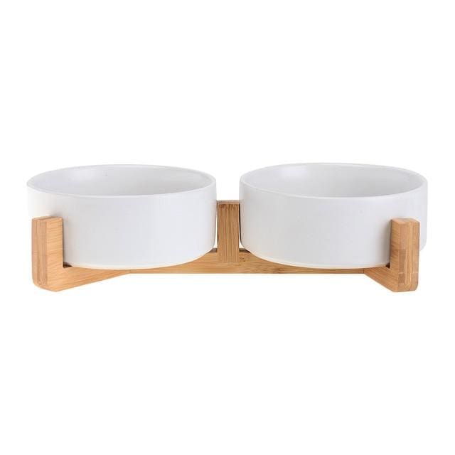 850ml Ceramic Double Bowl & Natural Wood Stand Pet Feeder - 