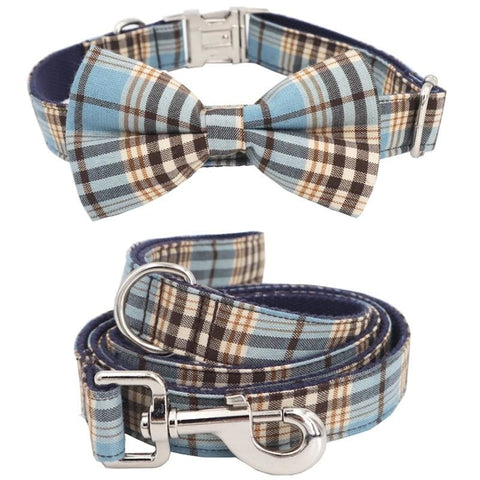 Blue Plaid Bow Tie Collar & Lead - Bow Tie Collar & Leash / 