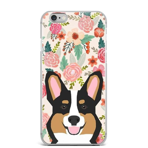 Floral Black Tan & White Corgi Design iPhone Case - For 