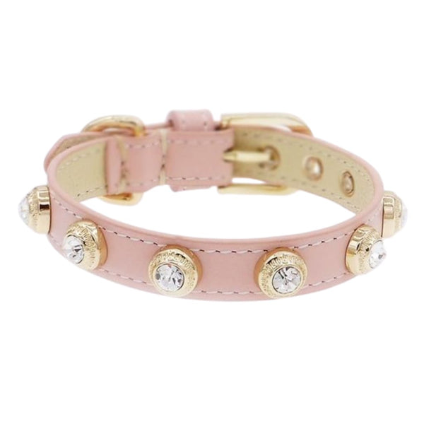 Genuine Leather with Crystals Collar - Baby Pink / XXS 