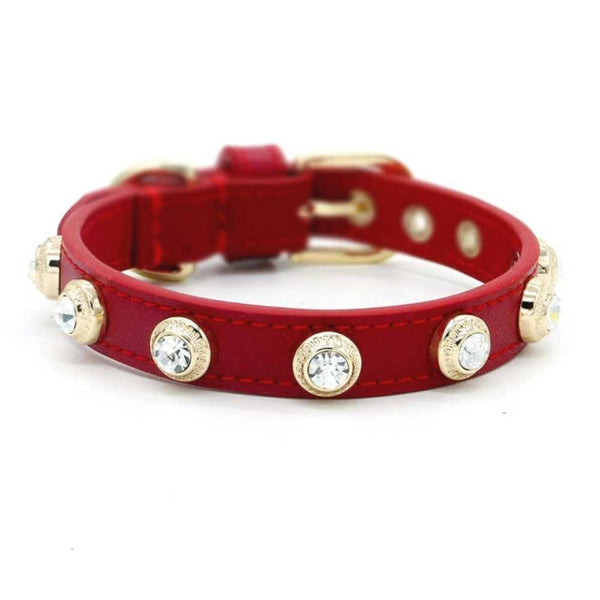 Genuine Leather Crystal Collar - Red / XS - collar