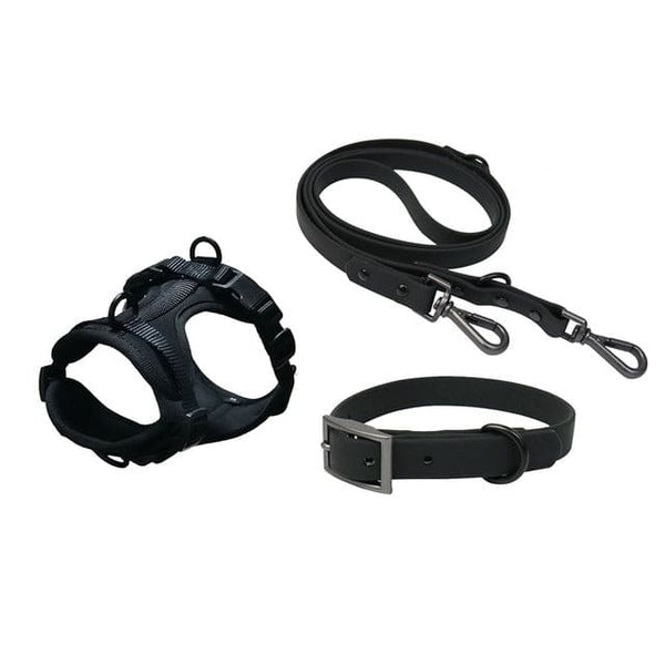 PVC Rubber Collar Leash & Padded Harness Set - Black / S - 