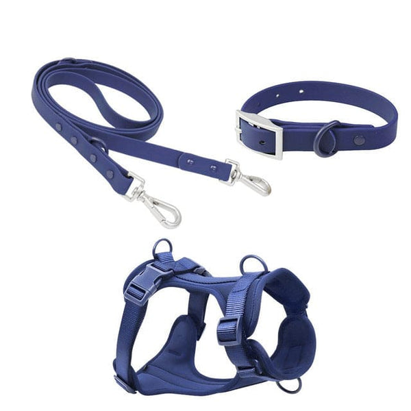 PVC Rubber Collar Leash & Padded Harness Set - Blue / L - 