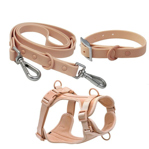 PVC Rubber Collar Leash & Padded Harness Set - Pink / L - 