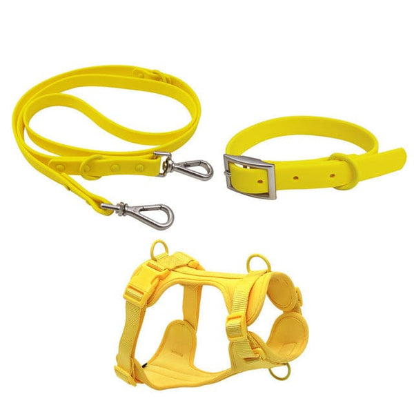 PVC Rubber Collar Leash & Padded Harness Set - Yellow / L - 